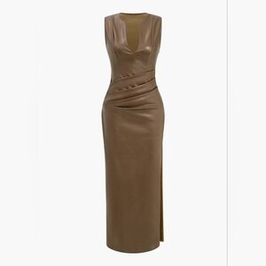 Faux Leather V-neck Ruched Maxi Dress